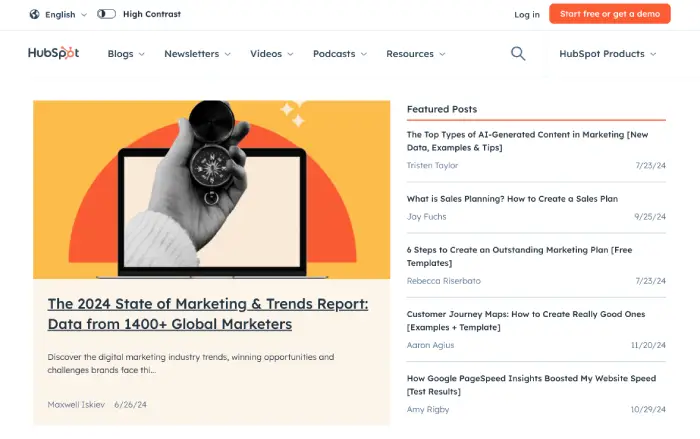 HubSpot Blog Home Page Screen Shot